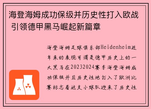 海登海姆成功保级并历史性打入欧战 引领德甲黑马崛起新篇章
