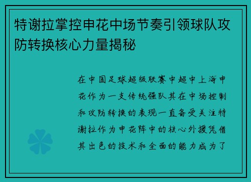 特谢拉掌控申花中场节奏引领球队攻防转换核心力量揭秘